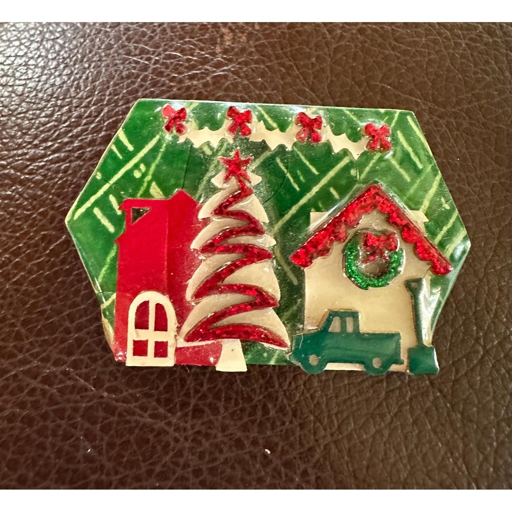 House Pin by Lucinda Christmas Red Green Glitter